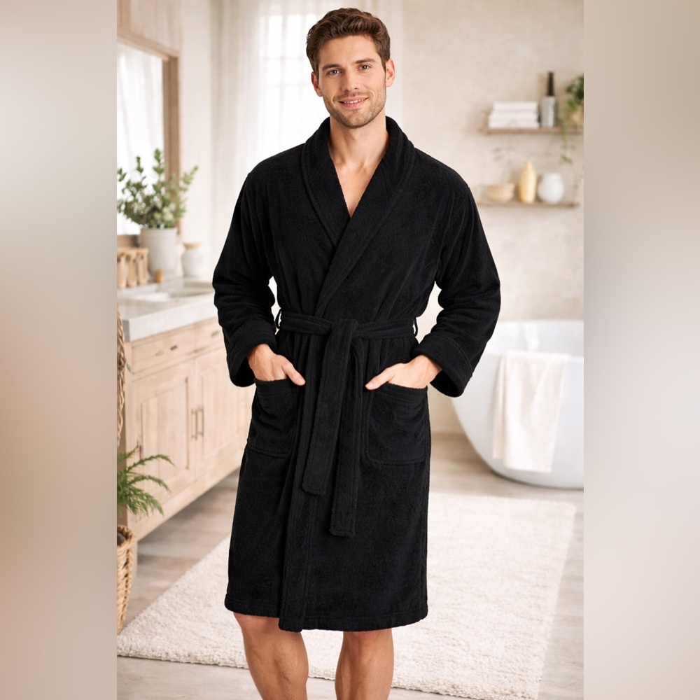 Classic Turkish Towels Black Hooded Bathrobe Small Cotton Spa Robe Belted